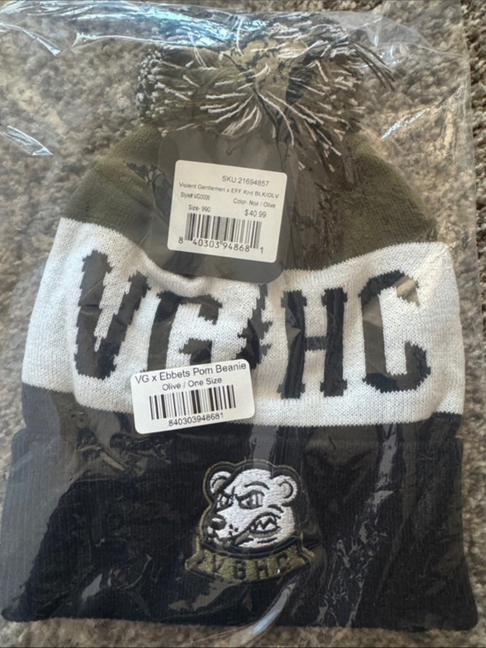 Violent Gentlemen Hockey Club Pom Beanie - Olive, Gray, Black NWT Winter Hat